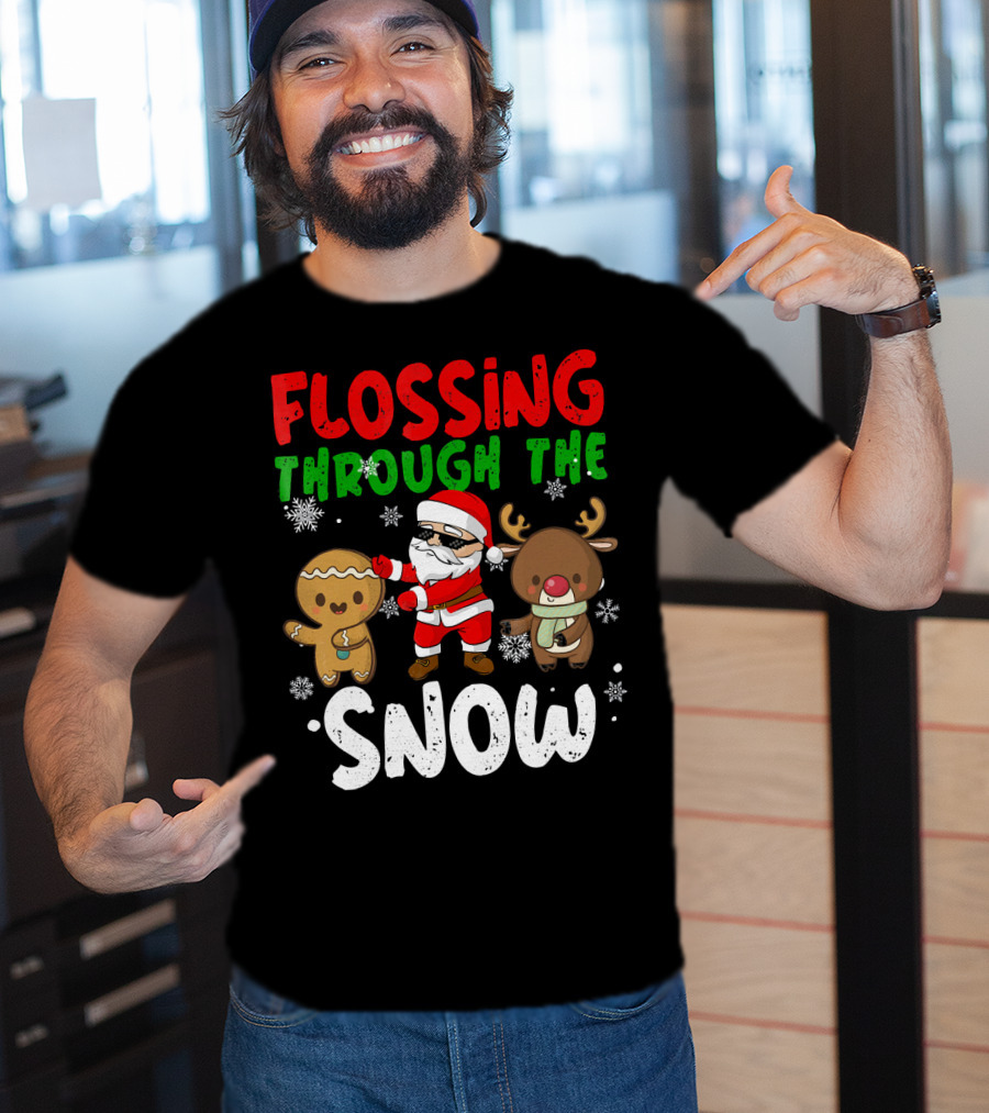 Flossing Through The Snow Santa Gingerbread Reindeer Christmas T-Shirt