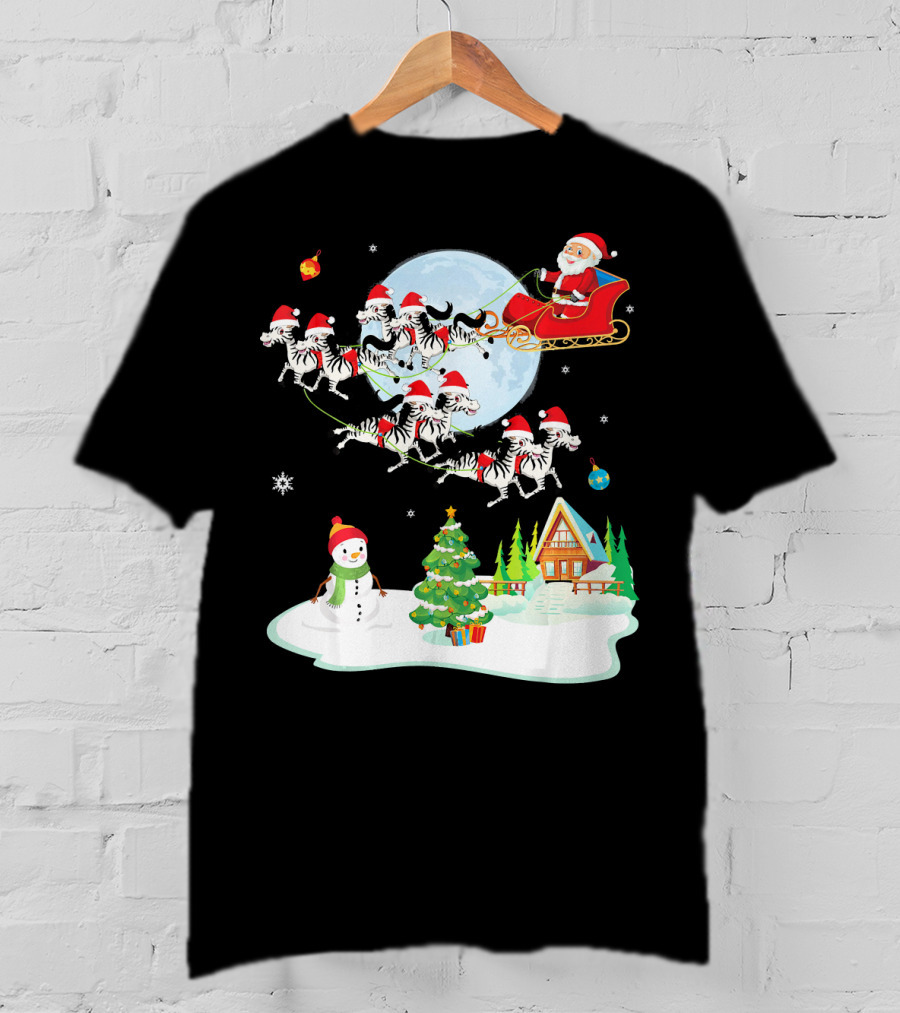Santa Claus Sleigh With Zebras And Snowman By Christmas Tree T-Shirt