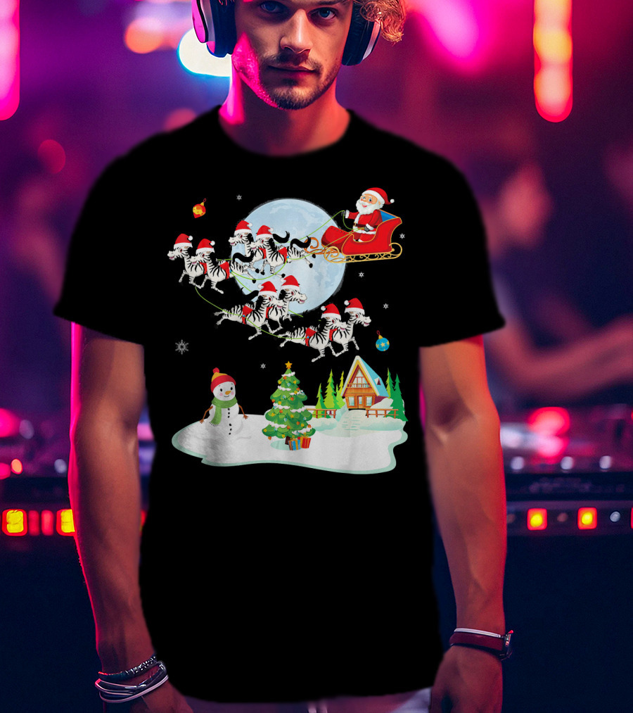 Santa Claus Sleigh With Zebras And Snowman By Christmas Tree T-Shirt