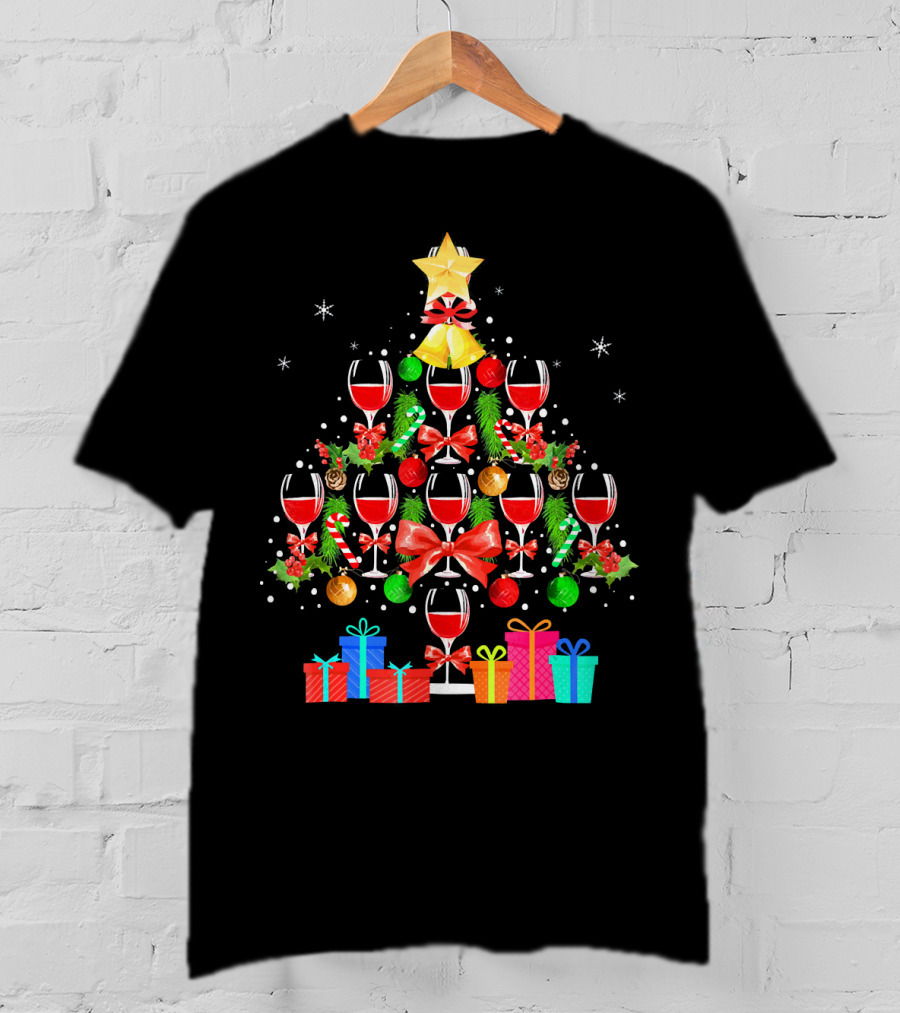 Wine Glass Christmas Tree With Gifts And Decorations T-Shirt