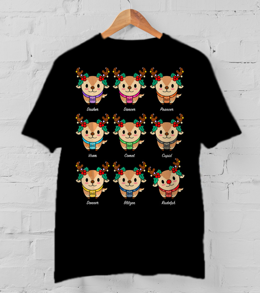 Adorable Reindeer With Names Dasher Dancer Prancer Vixen Comet Cupid Donner Blitzen Rudolph T-Shirt