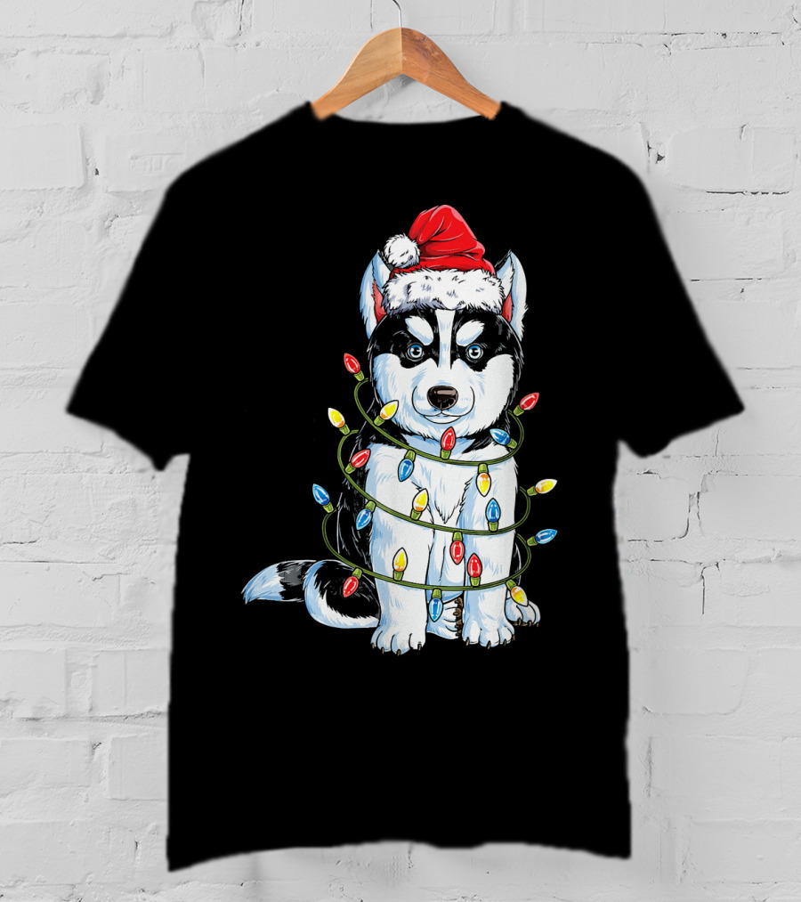 Siberian Husky Wrapped In Christmas Lights With Santa Hat T-Shirt
