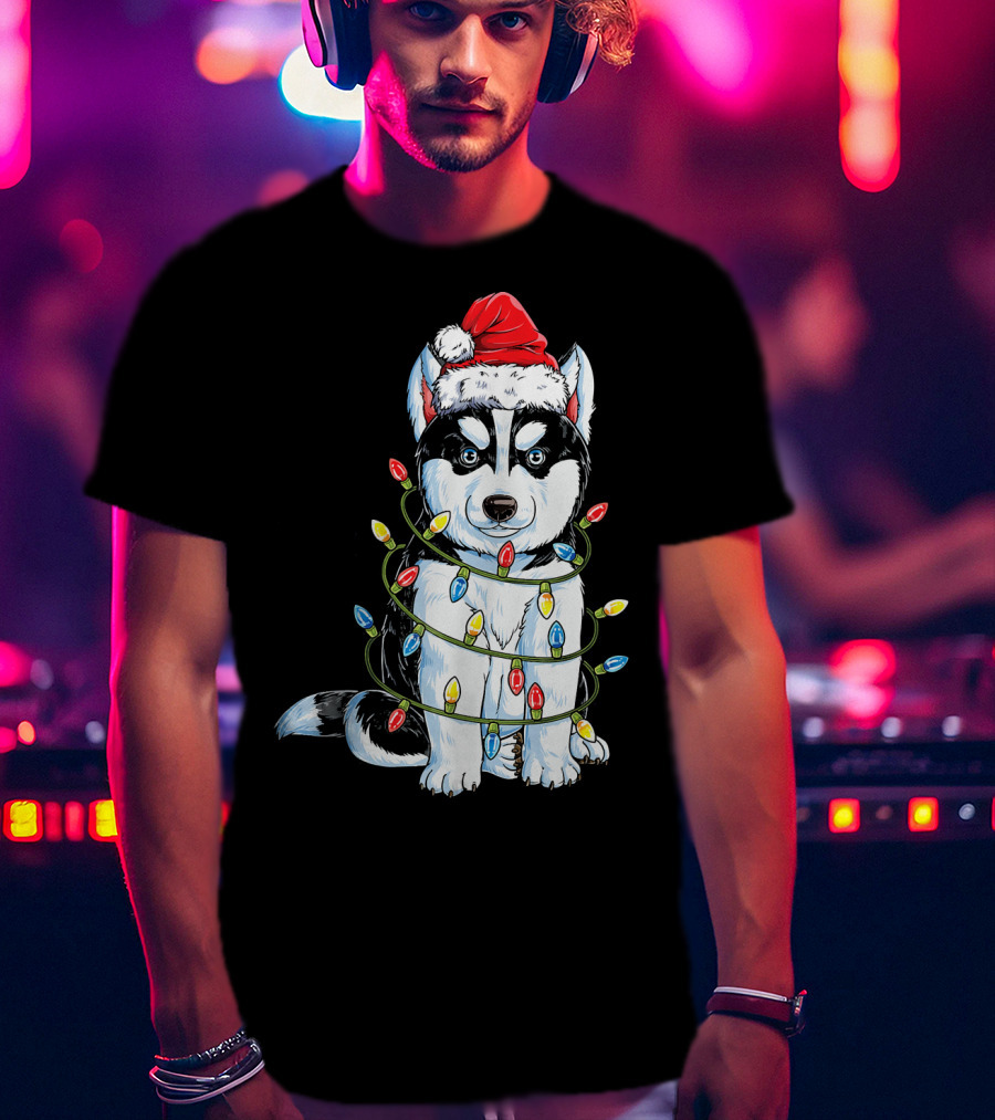 Siberian Husky Wrapped In Christmas Lights With Santa Hat T-Shirt