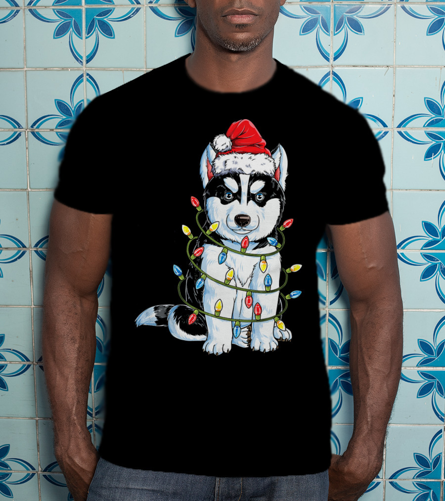 Siberian Husky Wrapped In Christmas Lights With Santa Hat T-Shirt