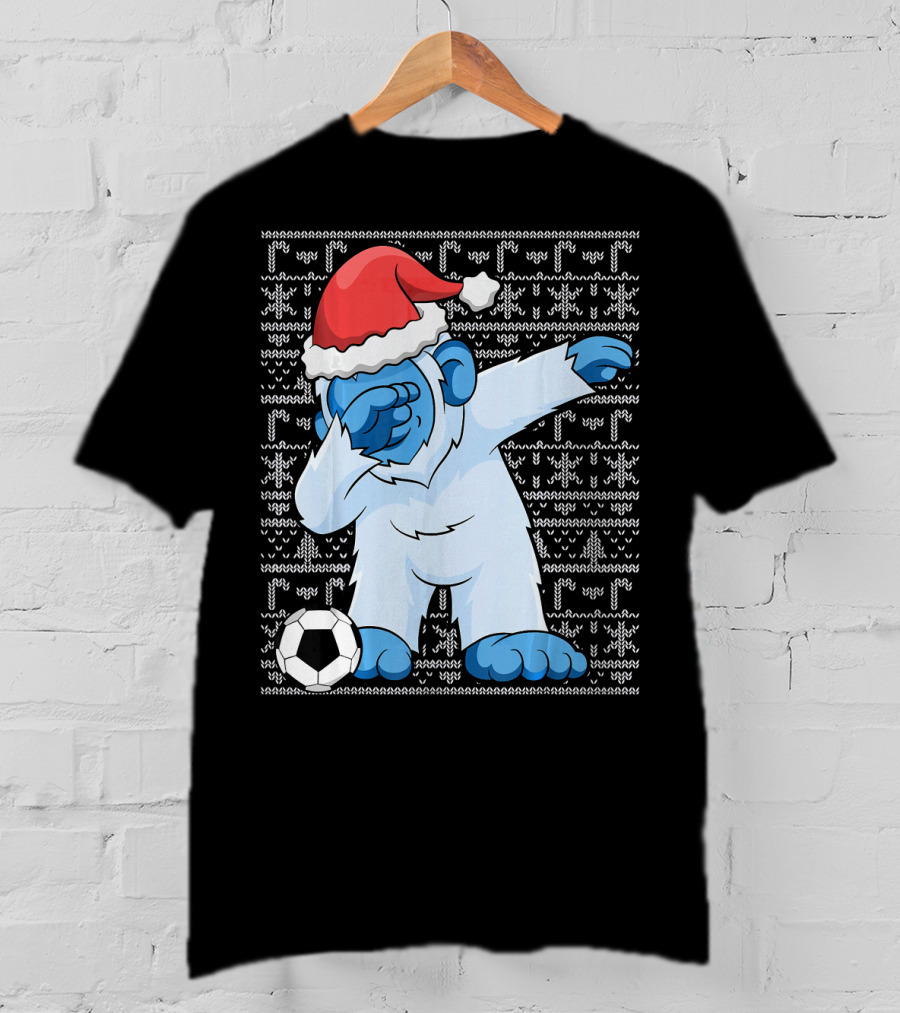 Dabbing Abominable Snowman Santa With Soccer Ball Holiday Ugly T-Shirt