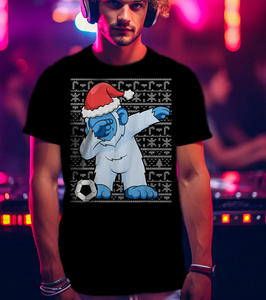 Dabbing Abominable Snowman Santa With Soccer Ball Holiday Ugly T-Shirt
