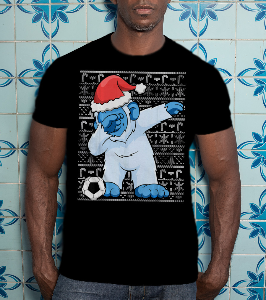 Dabbing Abominable Snowman Santa With Soccer Ball Holiday Ugly T-Shirt