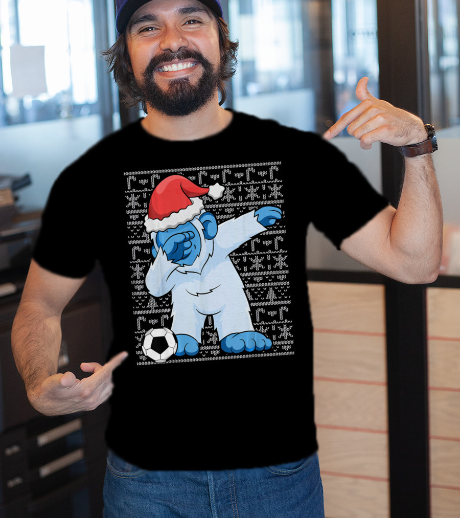 Dabbing Abominable Snowman Santa With Soccer Ball Holiday Ugly T-Shirt