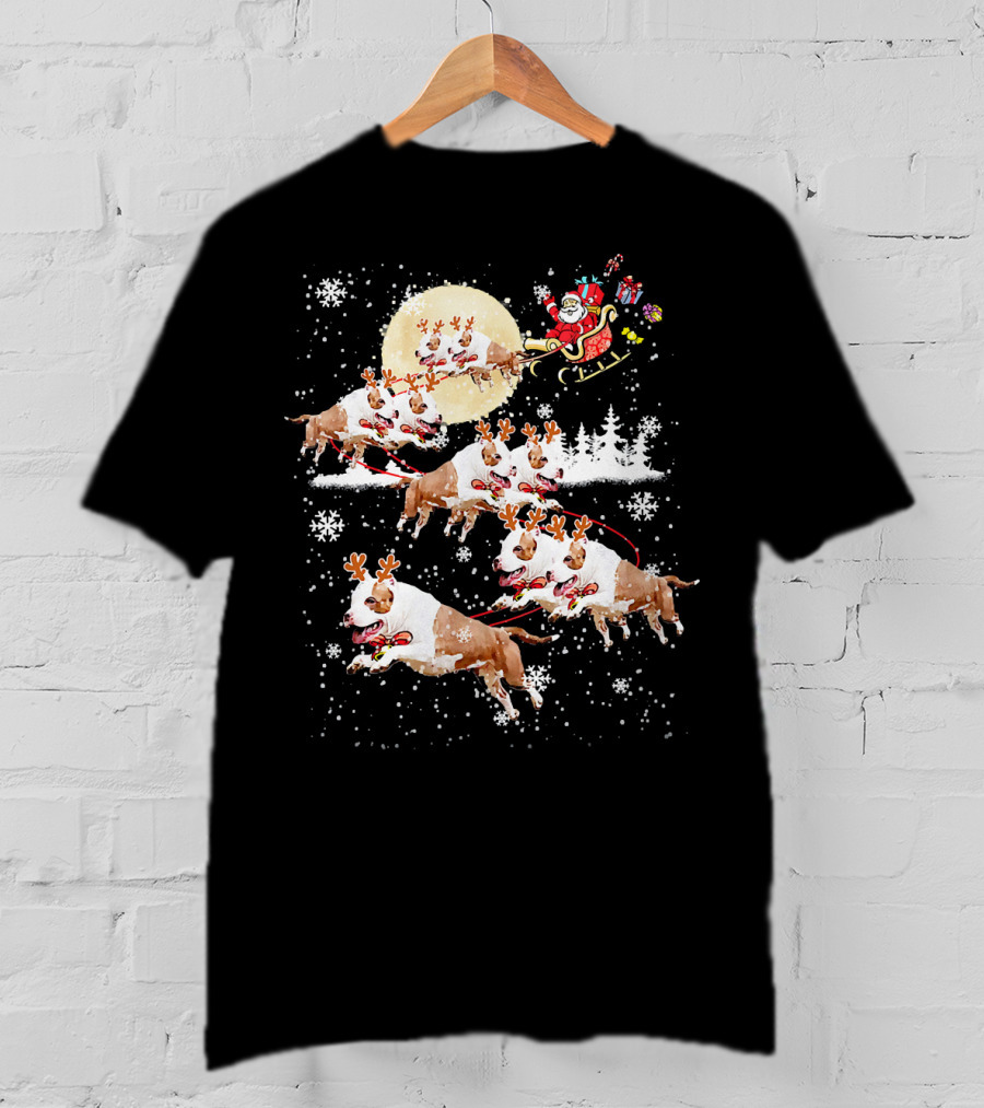 Santa's Christmas Pitbull Reindeer Sleigh Ride T-Shirt