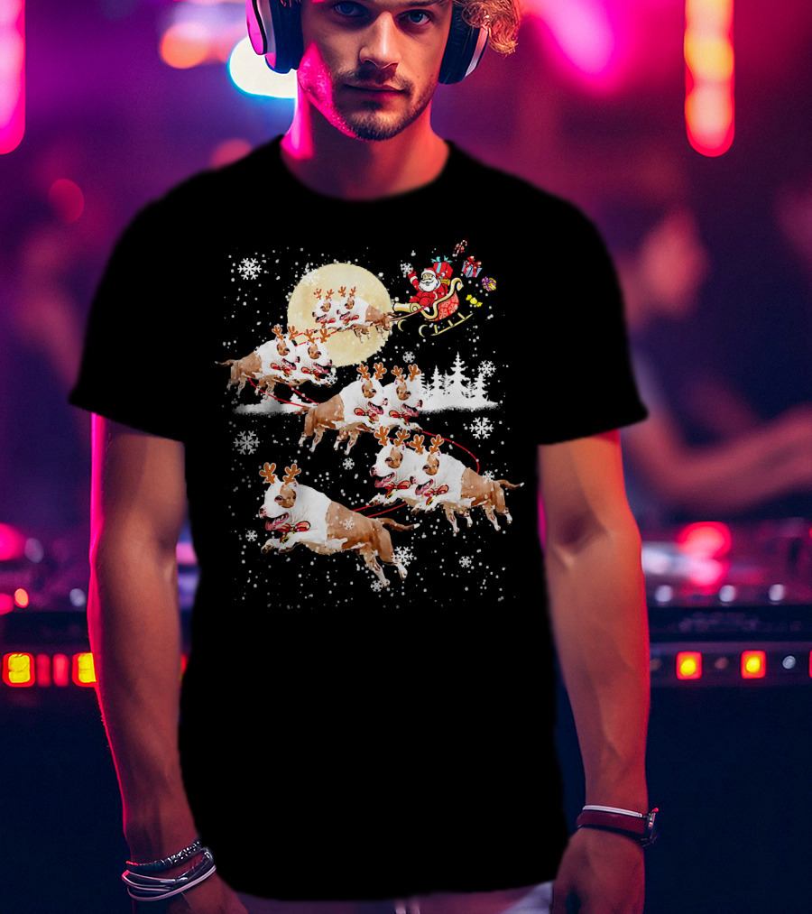 Santa's Christmas Pitbull Reindeer Sleigh Ride T-Shirt