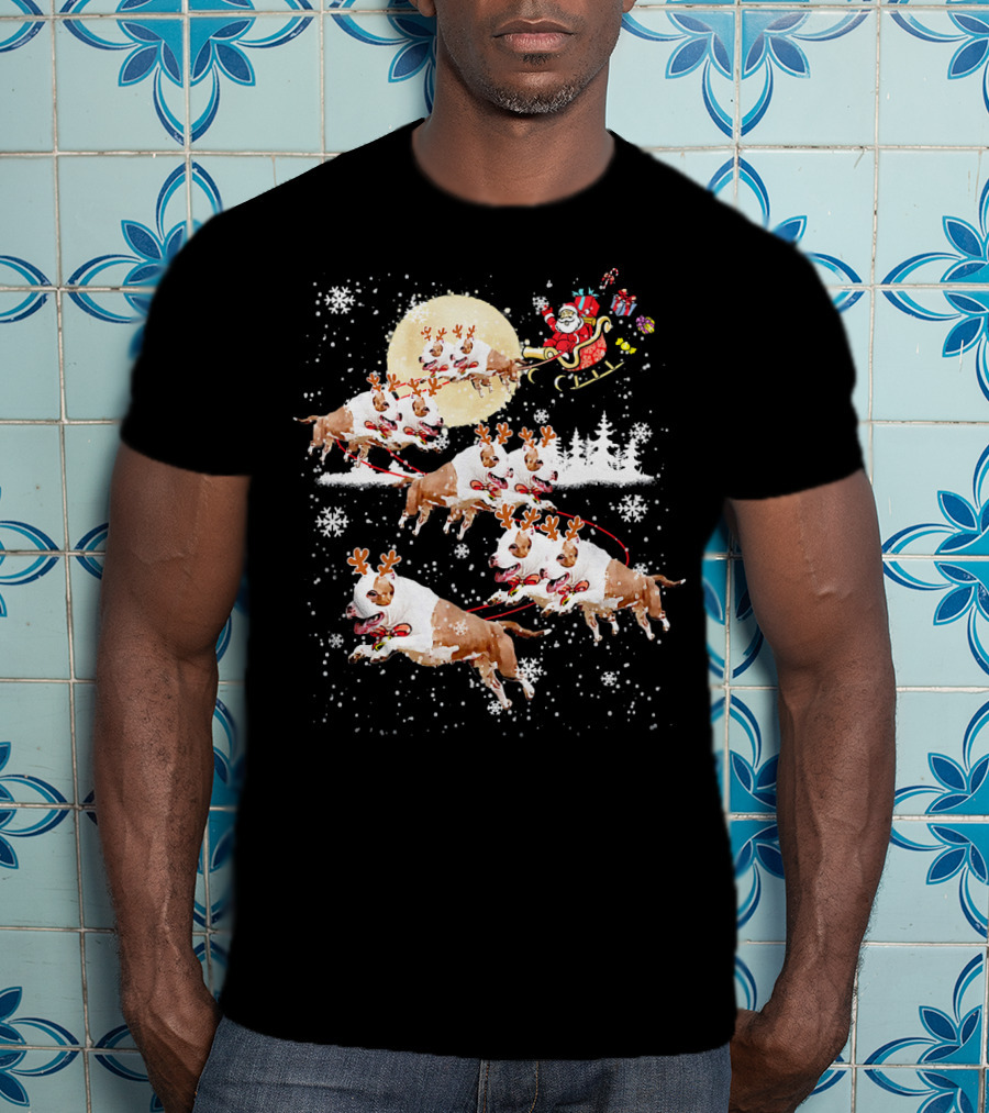 Santa's Christmas Pitbull Reindeer Sleigh Ride T-Shirt