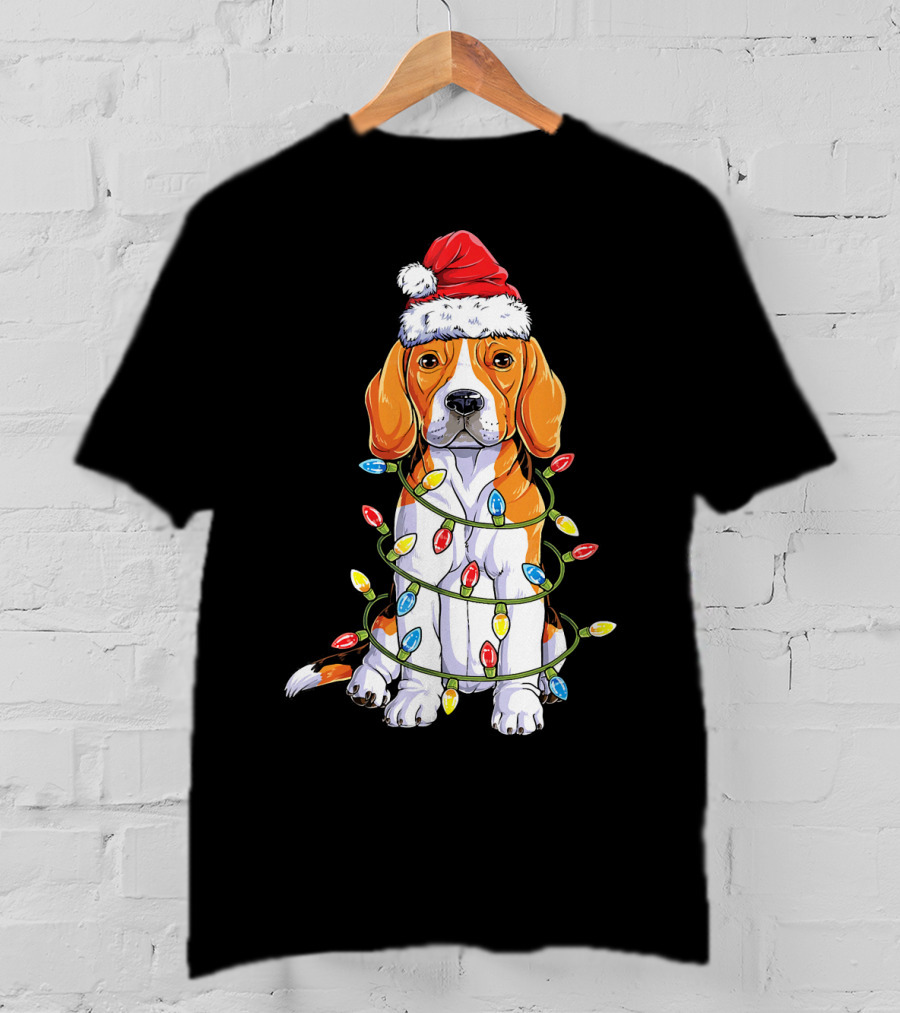 Beagle Wrapped In Christmas Lights With Santa Hat T-Shirt