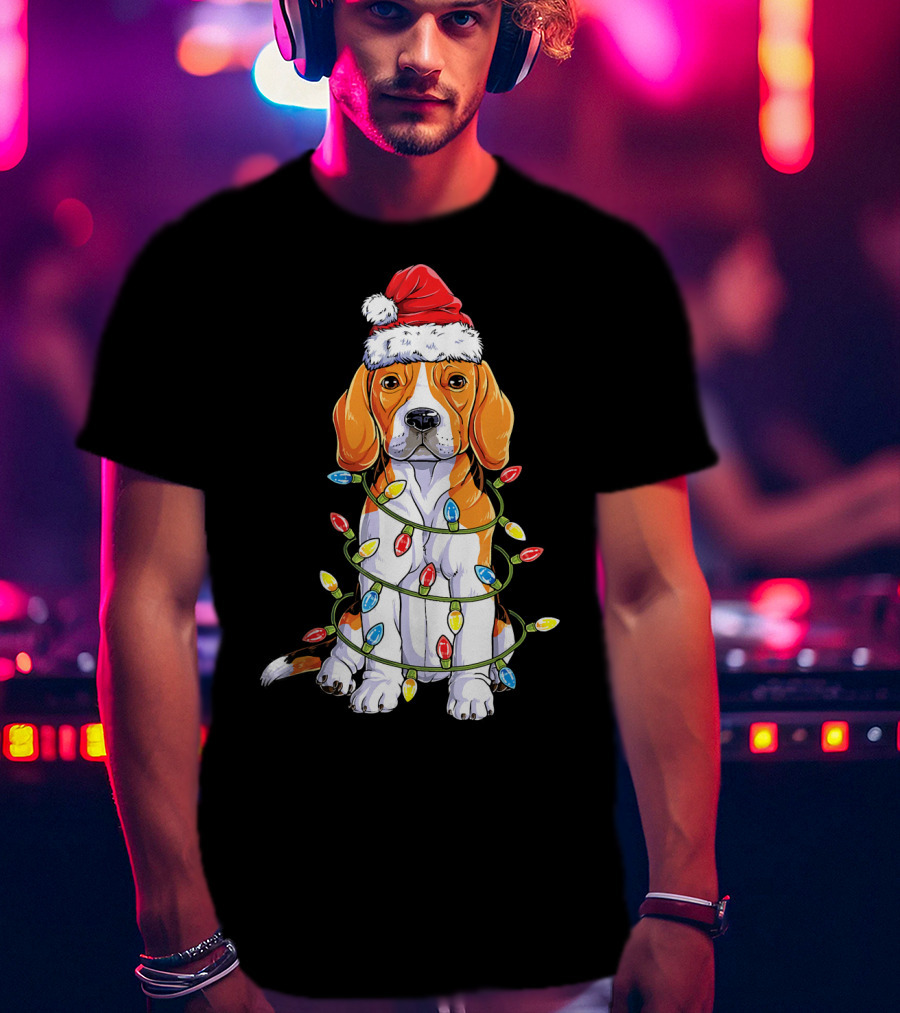 Beagle Wrapped In Christmas Lights With Santa Hat T-Shirt