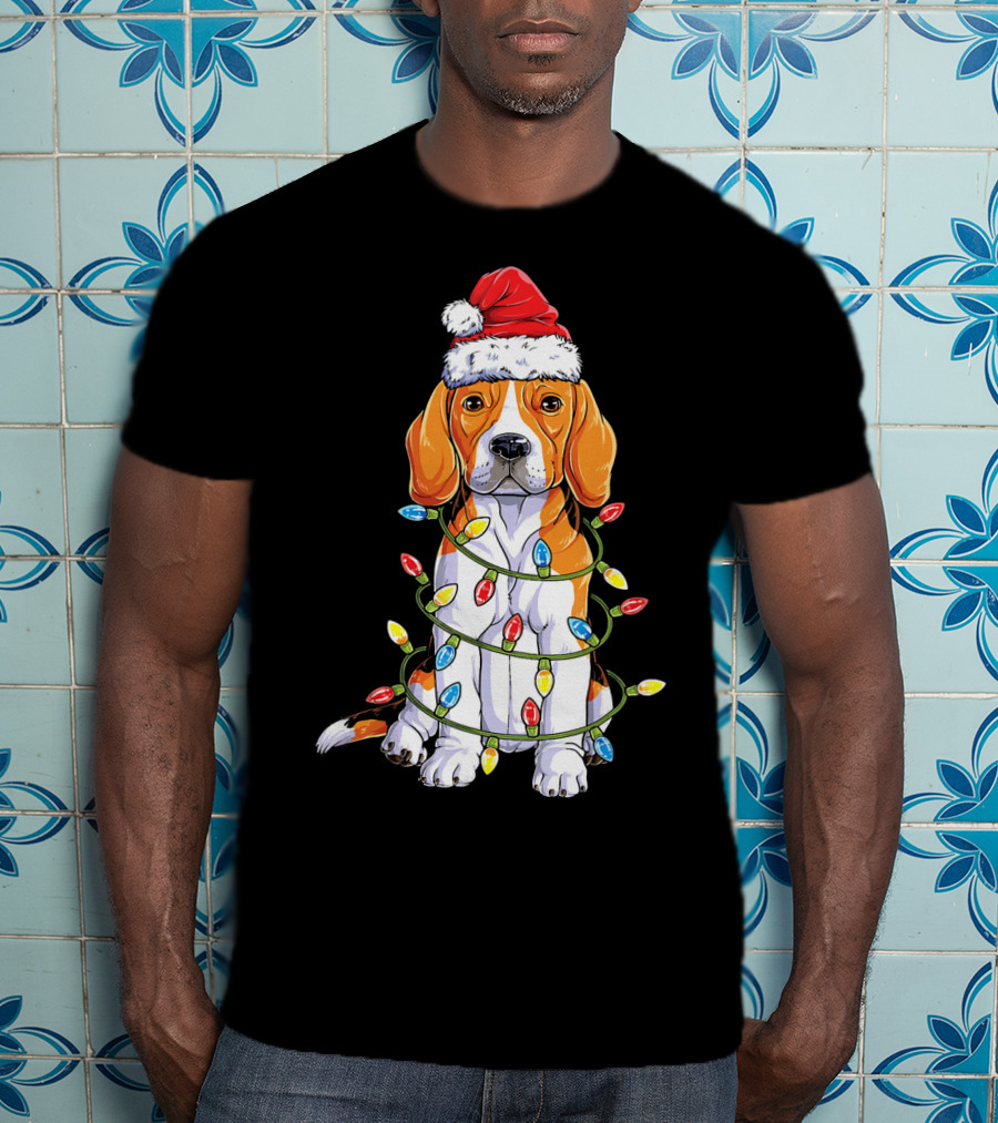 Beagle Wrapped In Christmas Lights With Santa Hat T-Shirt