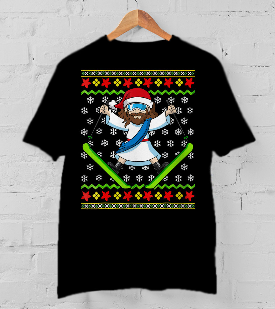 Ugly Christmas Kids Jesus Skiing Santa Hat Snowflakes T-Shirt