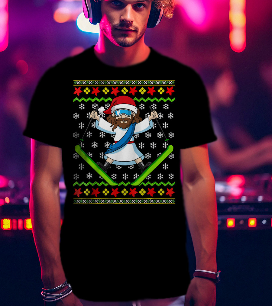 Ugly Christmas Kids Jesus Skiing Santa Hat Snowflakes T-Shirt