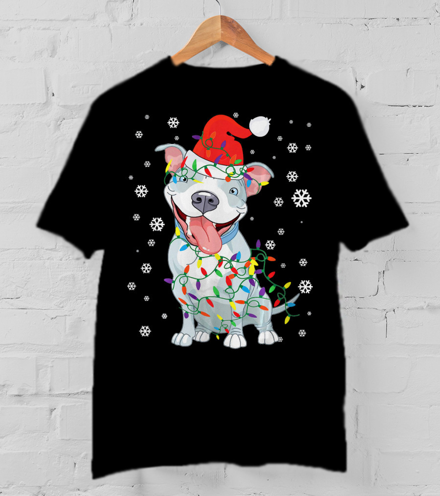 Pitbull Wrapped In Christmas Lights With Santa Hat And Snowflakes T-Shirt