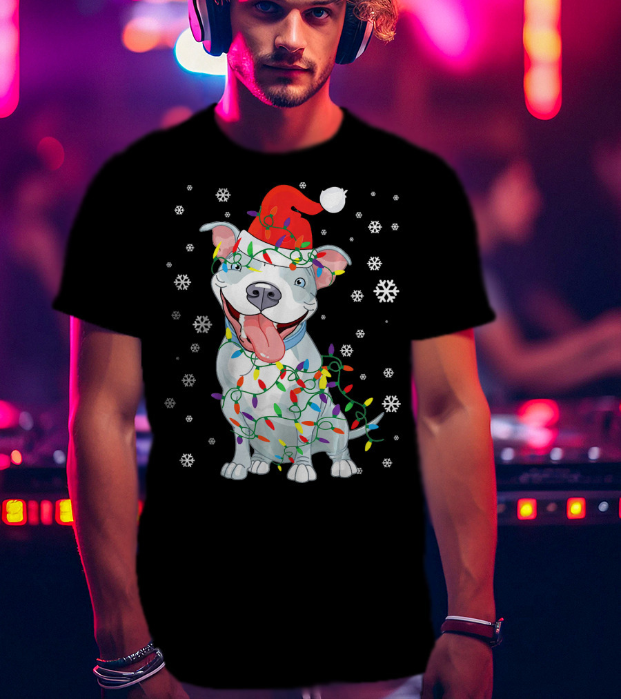 Pitbull Wrapped In Christmas Lights With Santa Hat And Snowflakes T-Shirt