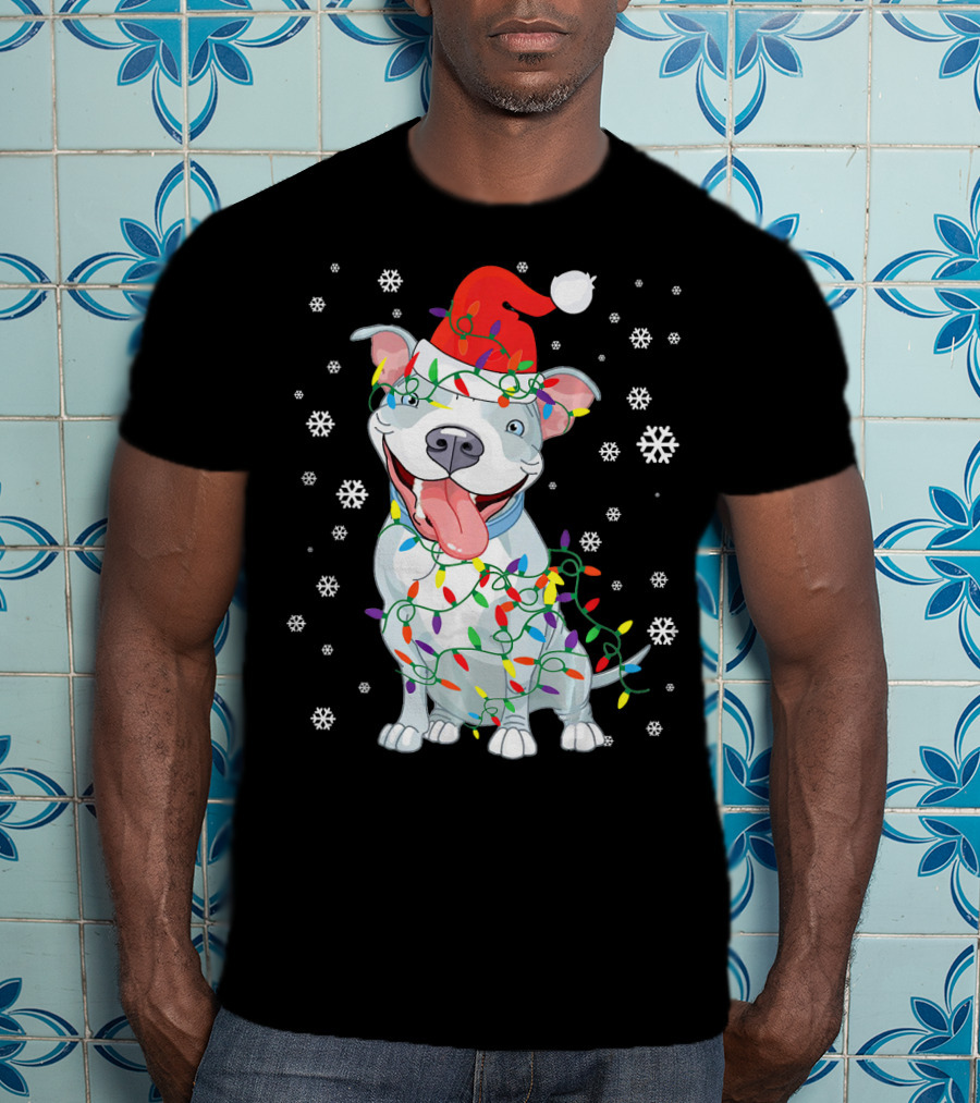 Pitbull Wrapped In Christmas Lights With Santa Hat And Snowflakes T-Shirt