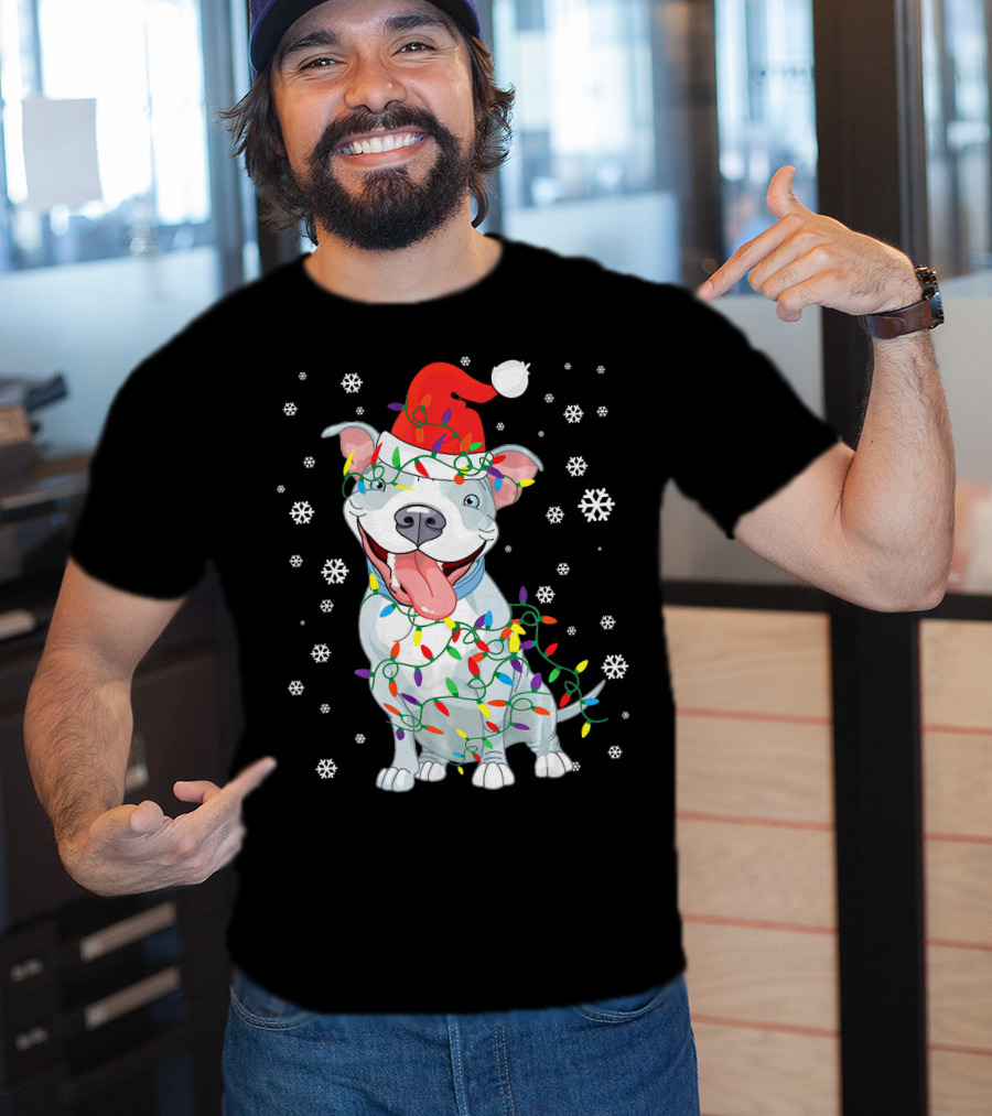 Pitbull Wrapped In Christmas Lights With Santa Hat And Snowflakes T-Shirt
