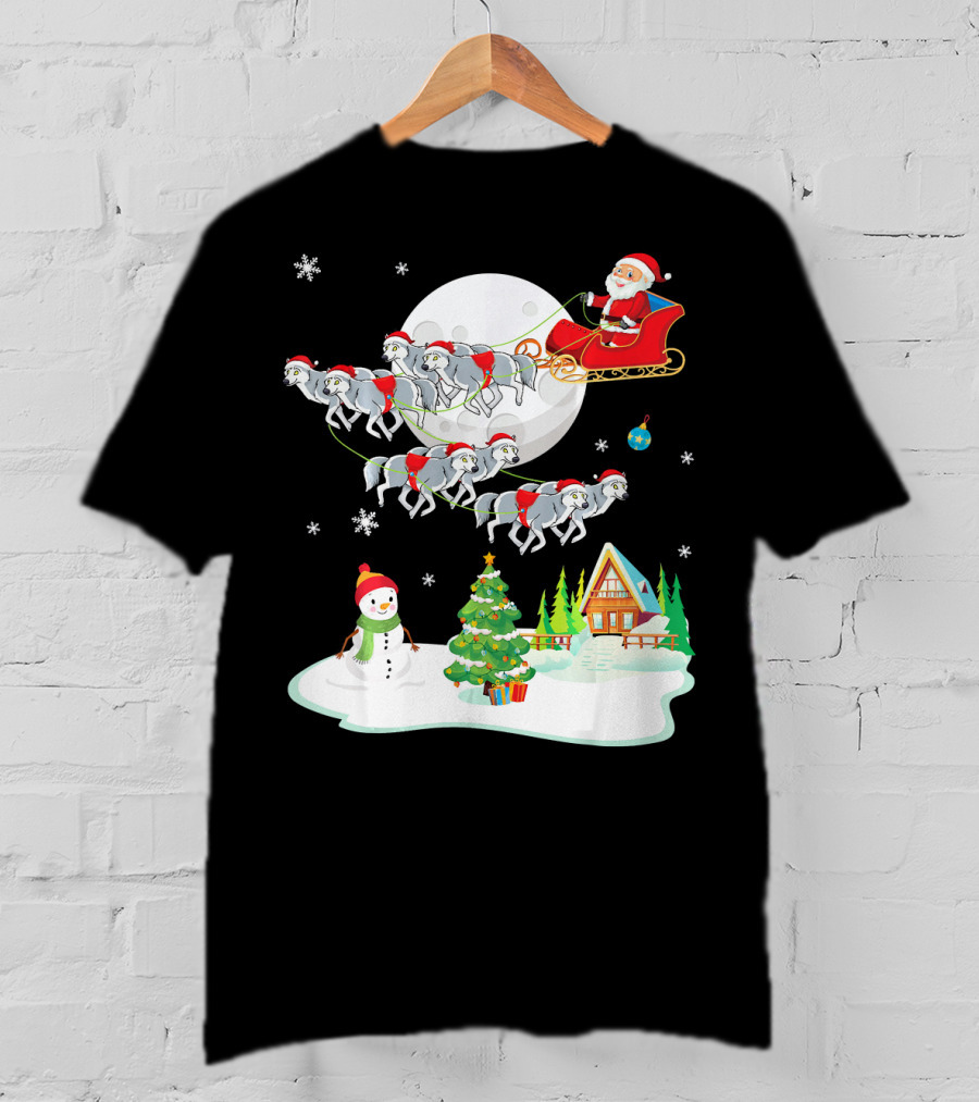 Santa Claus Sleigh Riding Over Snowman And Christmas Scene With Wolves T-Shirt