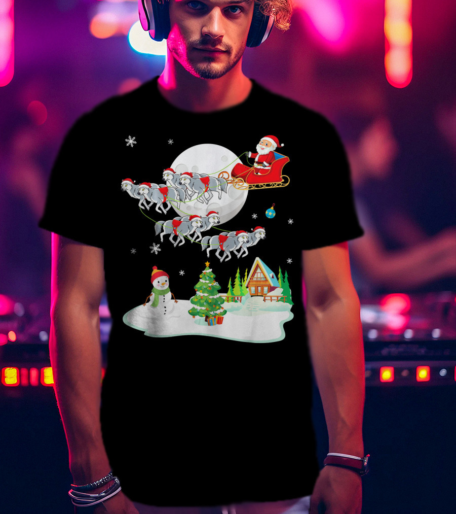 Santa Claus Sleigh Riding Over Snowman And Christmas Scene With Wolves T-Shirt