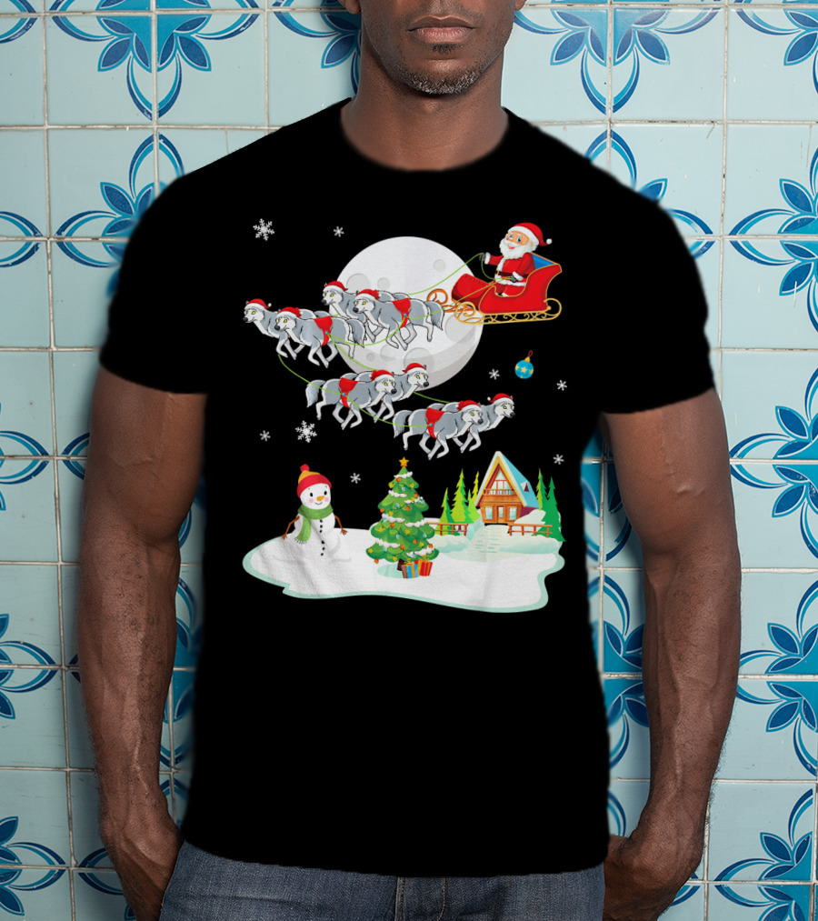 Santa Claus Sleigh Riding Over Snowman And Christmas Scene With Wolves T-Shirt