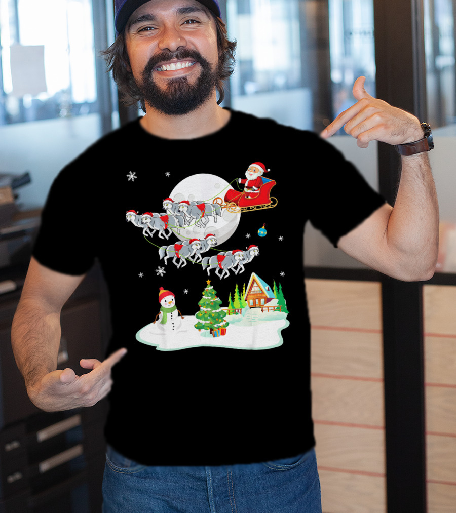 Santa Claus Sleigh Riding Over Snowman And Christmas Scene With Wolves T-Shirt
