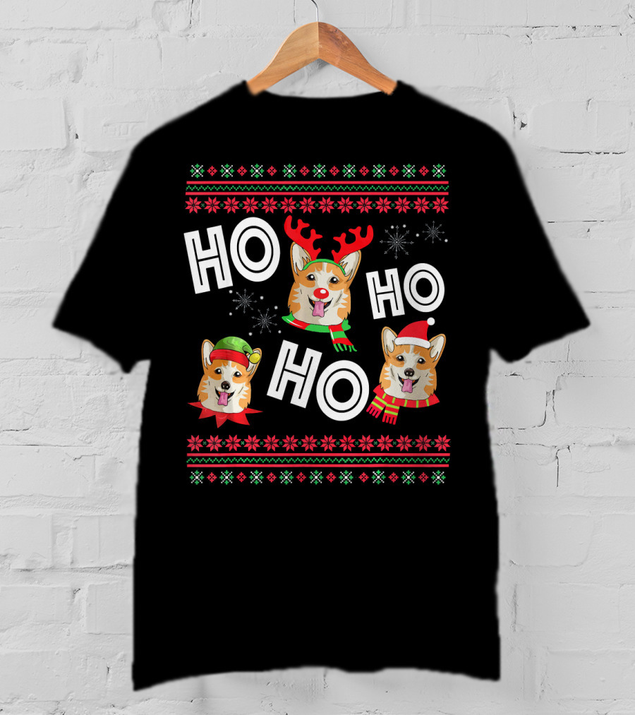 HO HO HO Corgi Funny Dog Reindeer Elf Santa Hats Snowflakes Christmas Holiday T-Shirt