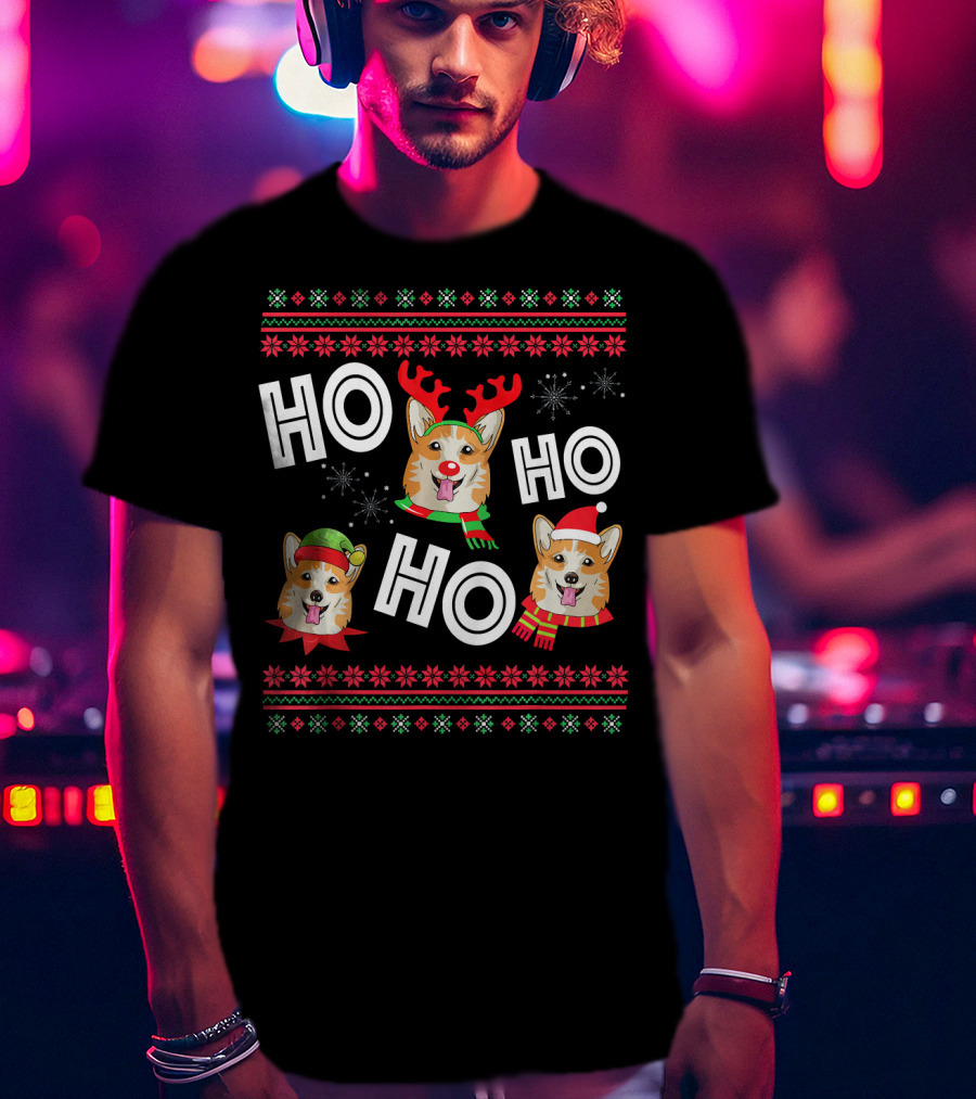 HO HO HO Corgi Funny Dog Reindeer Elf Santa Hats Snowflakes Christmas Holiday T-Shirt