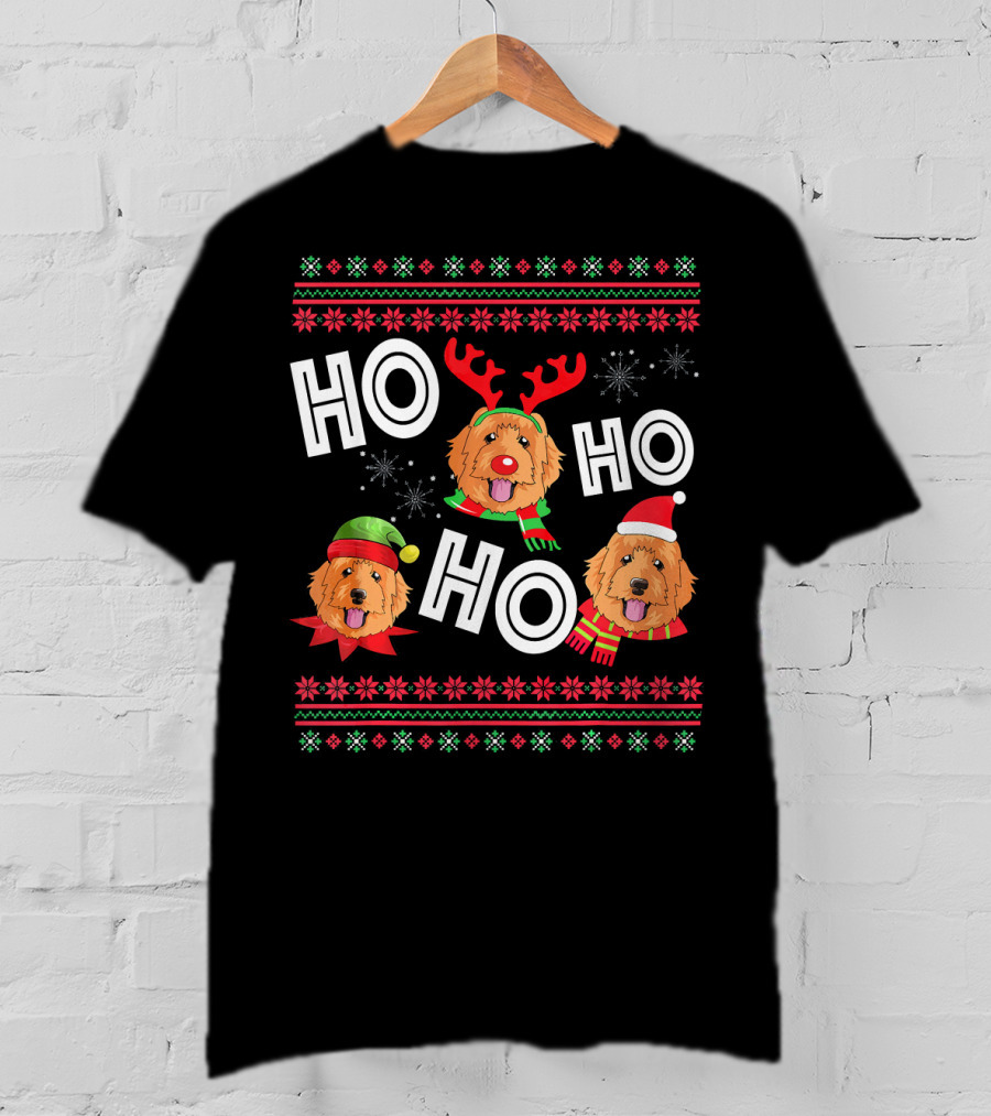HO HO HO Golden Doodle Funny Dog Christmas Antlers Santa Hat Snowflakes T-Shirt