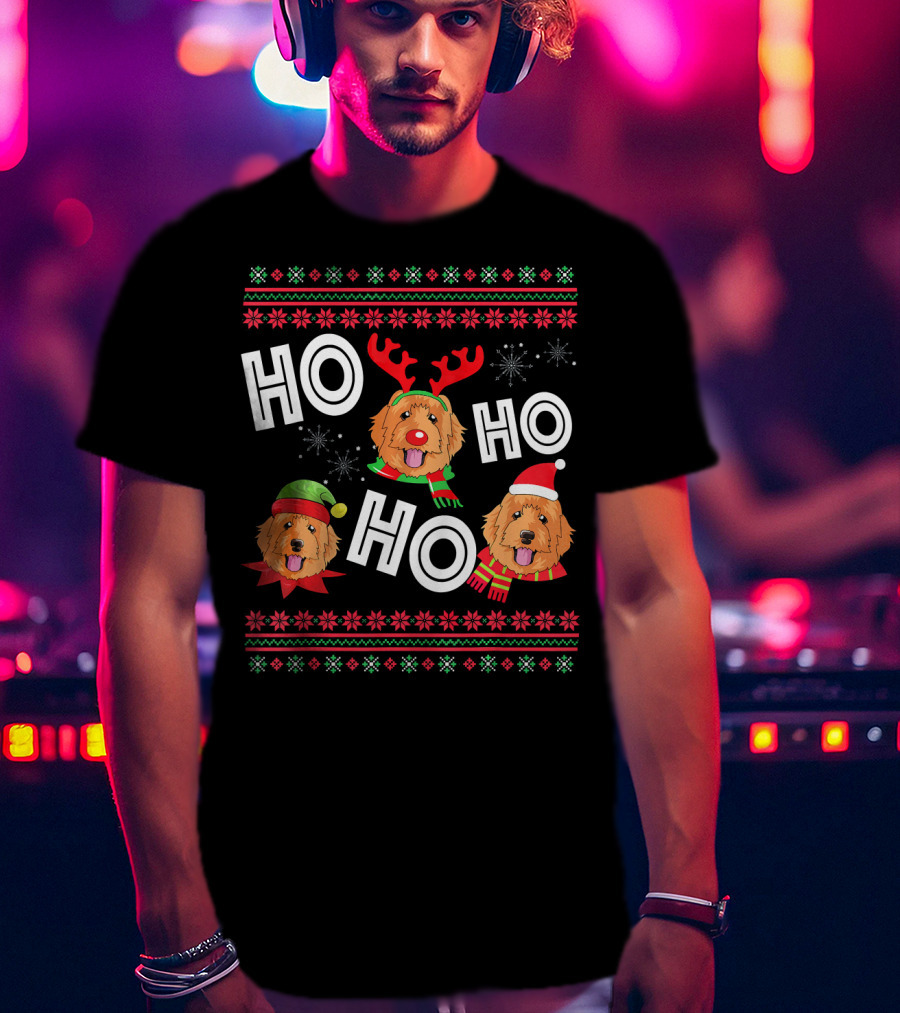 HO HO HO Golden Doodle Funny Dog Christmas Antlers Santa Hat Snowflakes T-Shirt