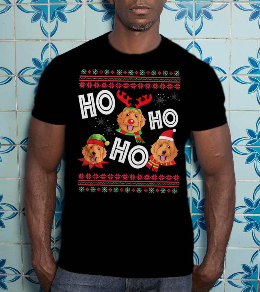 HO HO HO Golden Doodle Funny Dog Christmas Antlers Santa Hat Snowflakes T-Shirt
