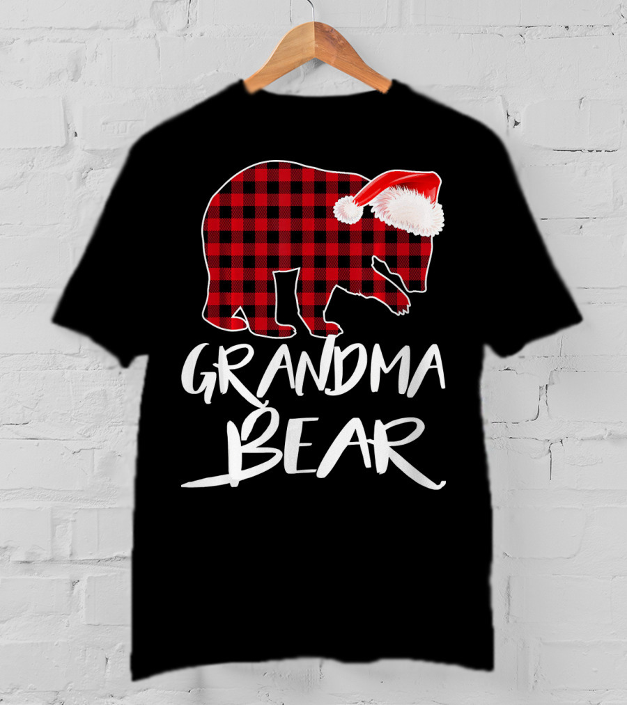 Grandma Bear Red Plaid Santa Hat T-Shirt