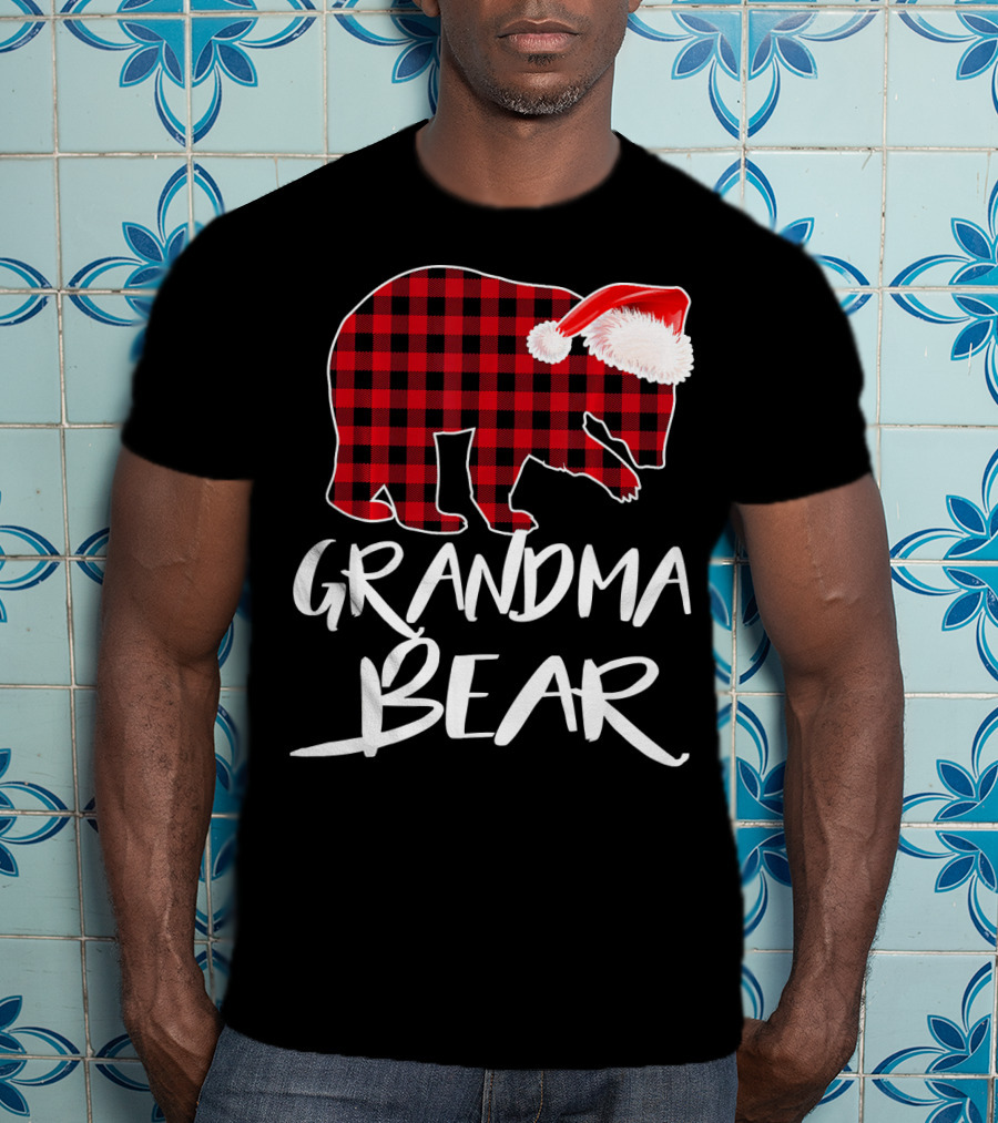 Grandma Bear Red Plaid Santa Hat T-Shirt