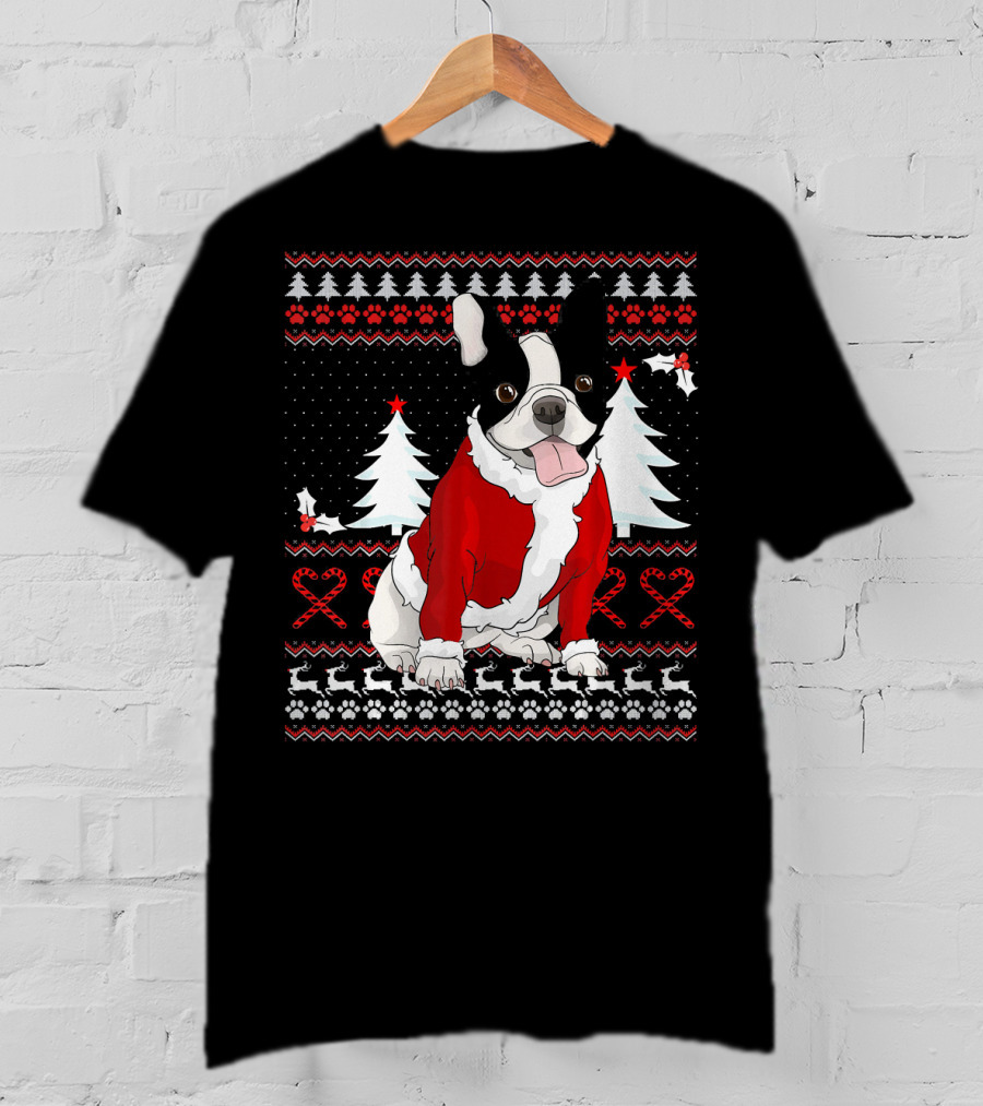 Cute French Bulldog Christmas Sweater With Santa Outfit And Holiday Trees T-Shirt