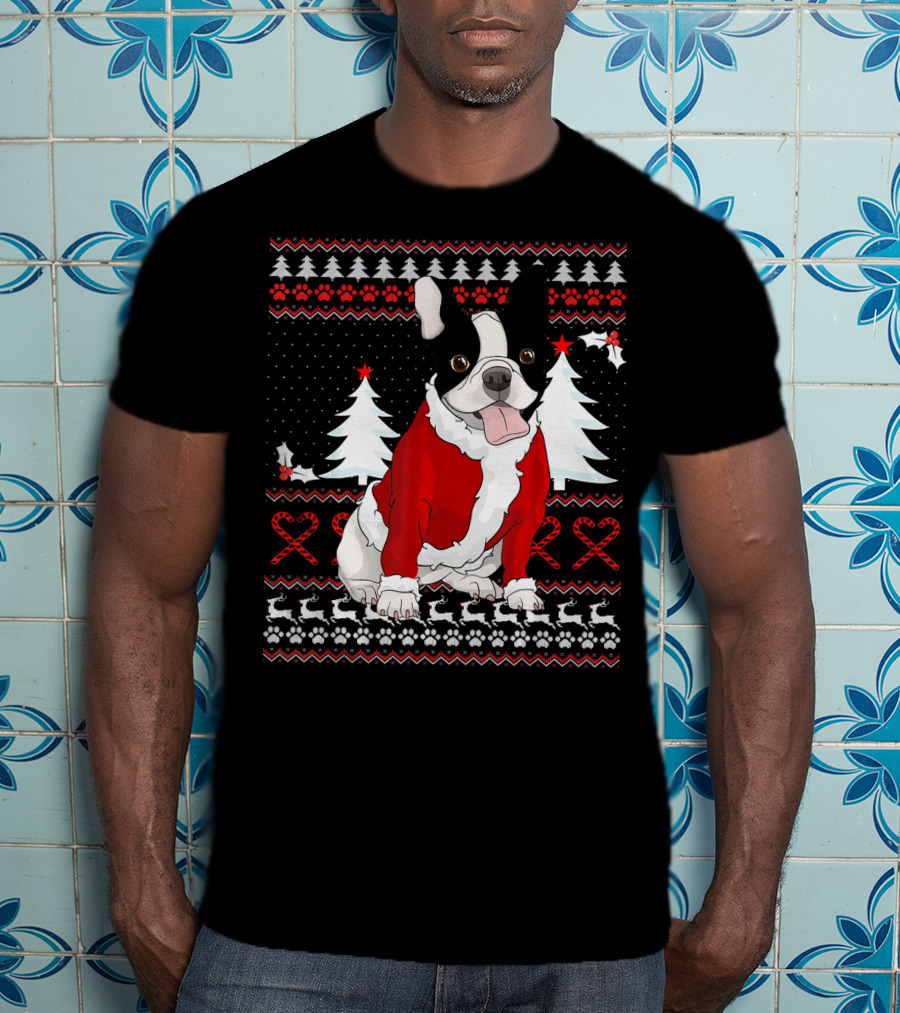 Cute French Bulldog Christmas Sweater With Santa Outfit And Holiday Trees T-Shirt