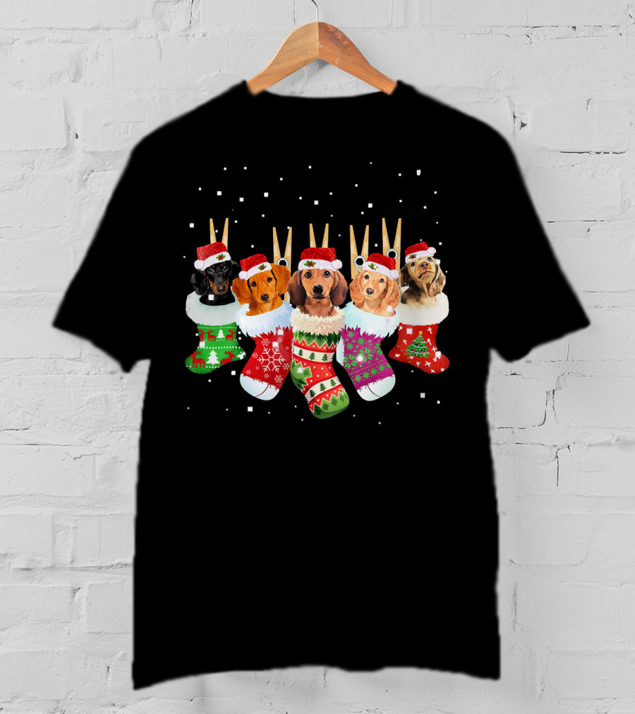 Christmas Socks Dachshund Santa Hats Snowflakes T-Shirt
