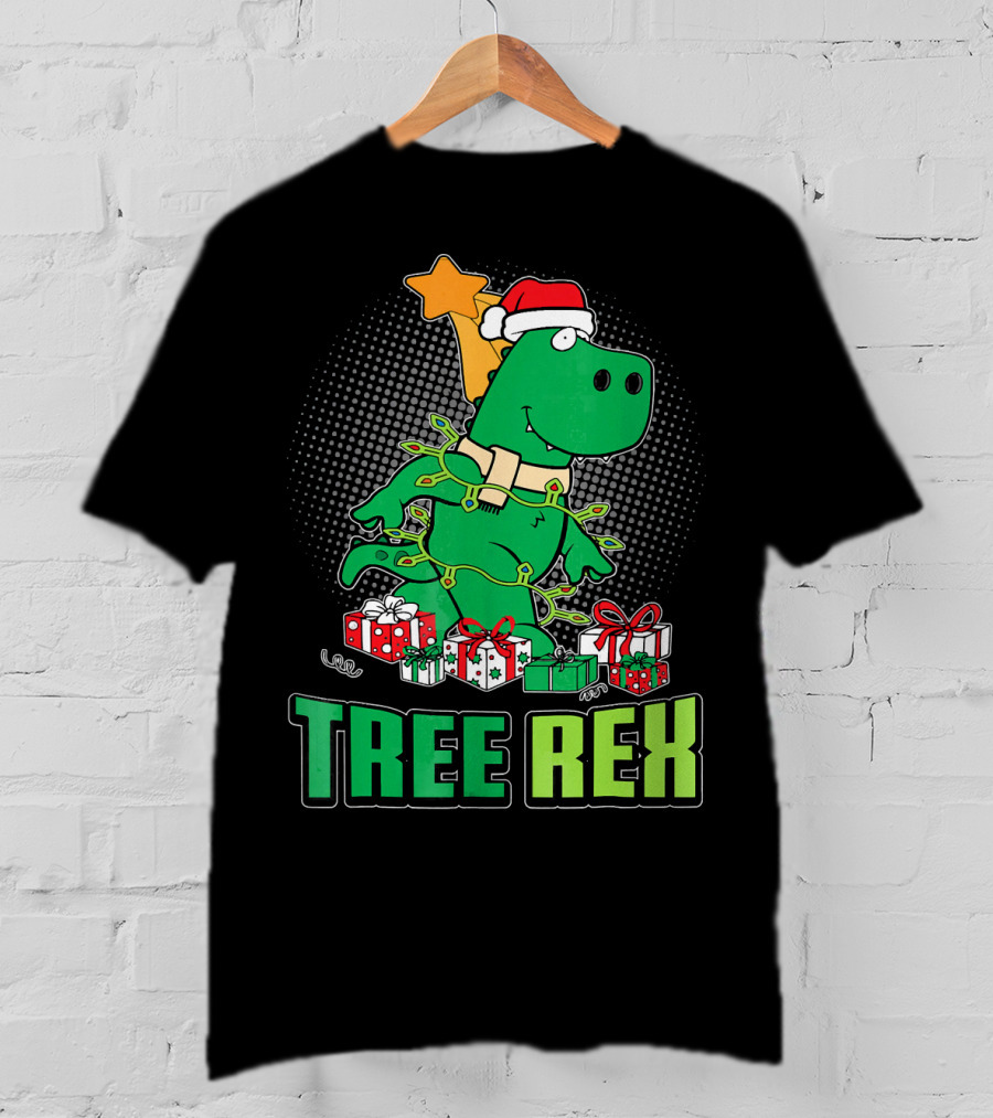 Tree Rex Funny Cute Christmas Dinosaur With Santa Hat And Gifts T-Shirt