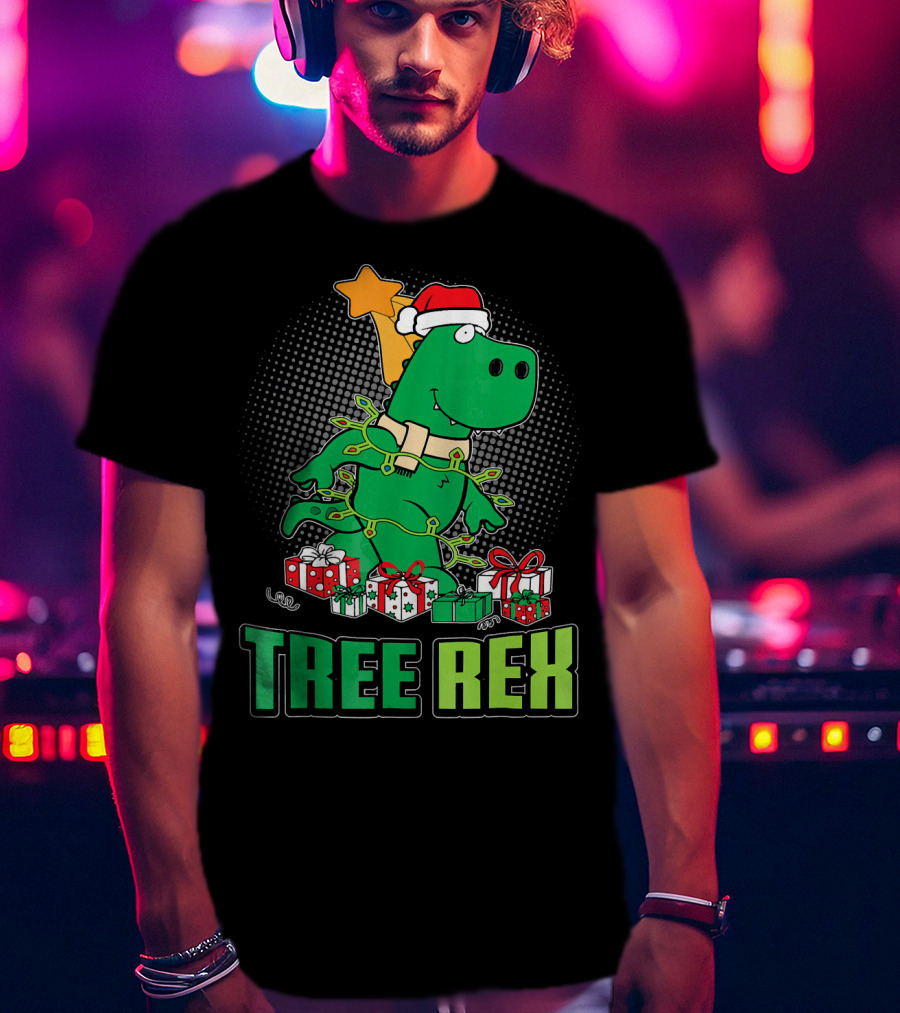 Tree Rex Funny Cute Christmas Dinosaur With Santa Hat And Gifts T-Shirt