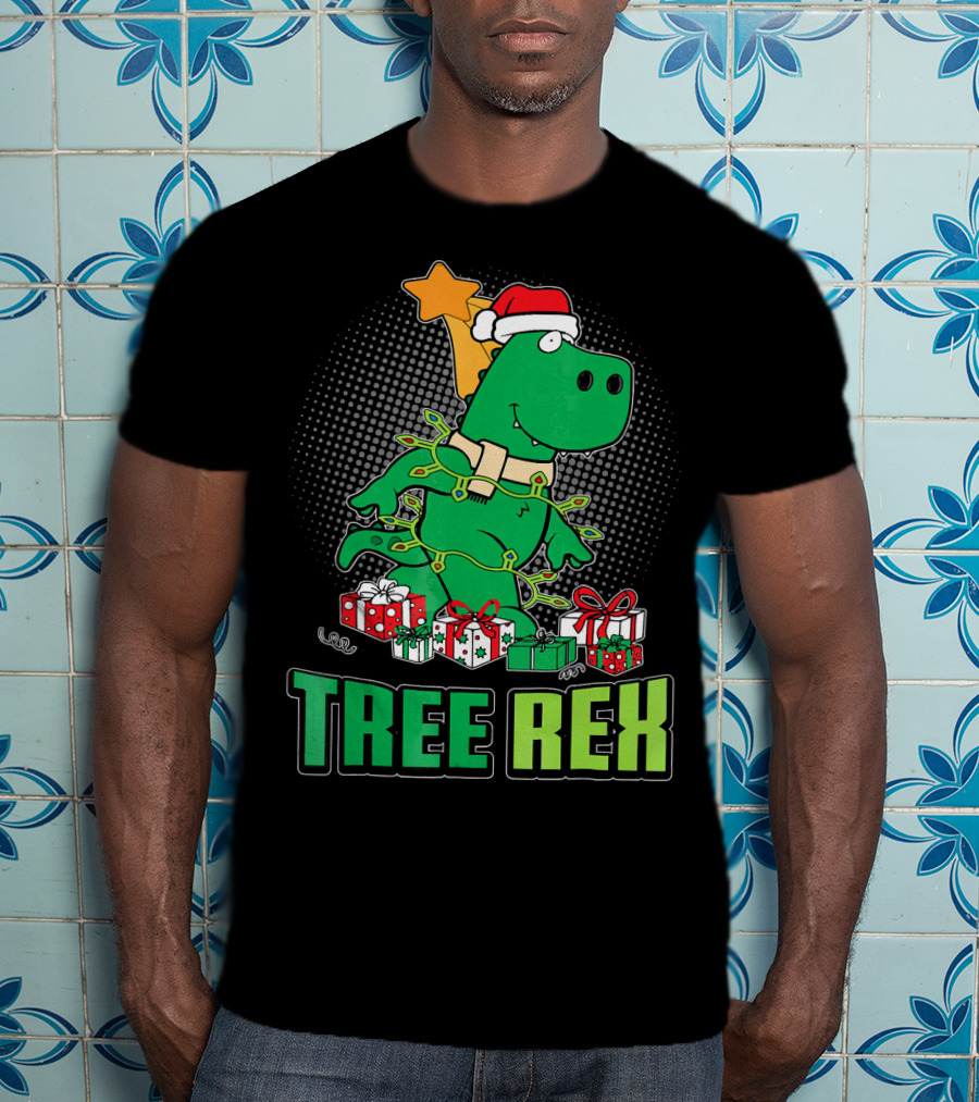 Tree Rex Funny Cute Christmas Dinosaur With Santa Hat And Gifts T-Shirt