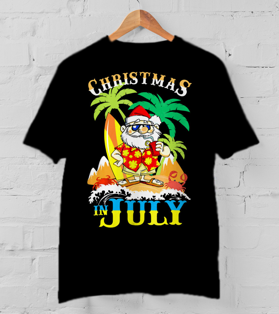 Christmas In July Santa Tropical Surf Vibes T-Shirt