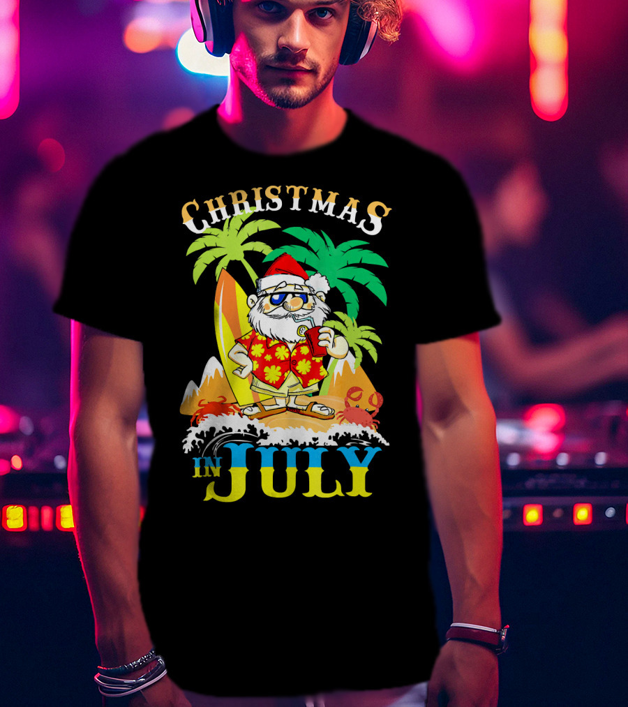 Christmas In July Santa Tropical Surf Vibes T-Shirt