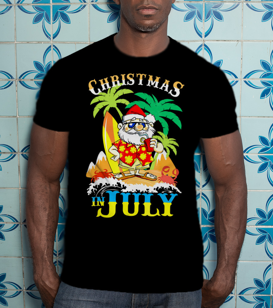 Christmas In July Santa Tropical Surf Vibes T-Shirt