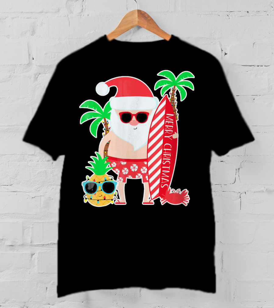 Merry Christmas Santa Surfing Hawaiian Pineapple Palm Trees T-Shirt