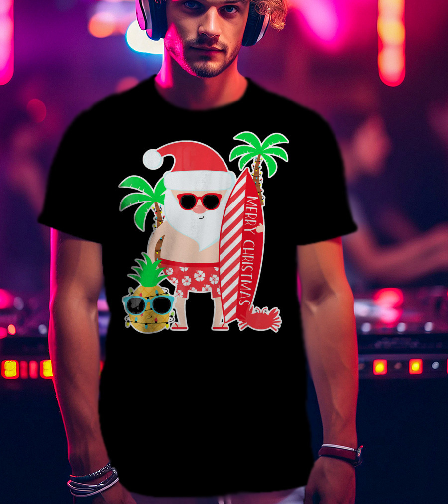 Merry Christmas Santa Surfing Hawaiian Pineapple Palm Trees T-Shirt