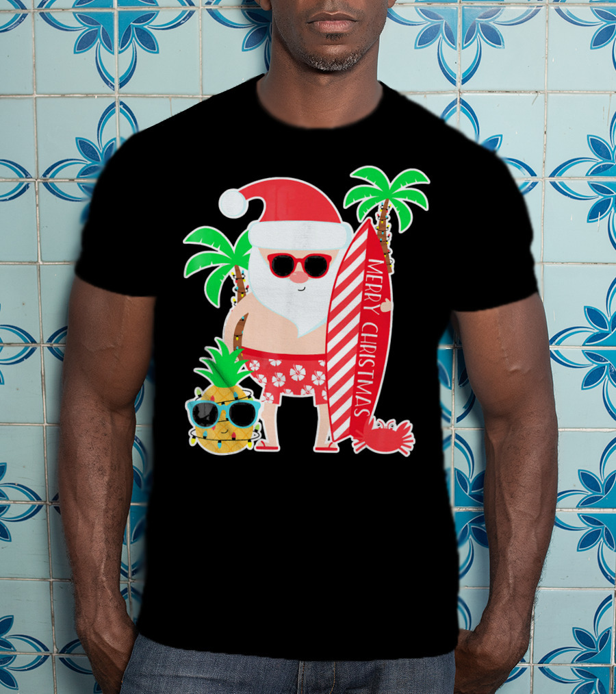 Merry Christmas Santa Surfing Hawaiian Pineapple Palm Trees T-Shirt