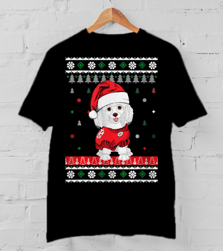 Cute Dog Standard Poodle Santa Hat Christmas Sweater Trees Snowflakes T-Shirt