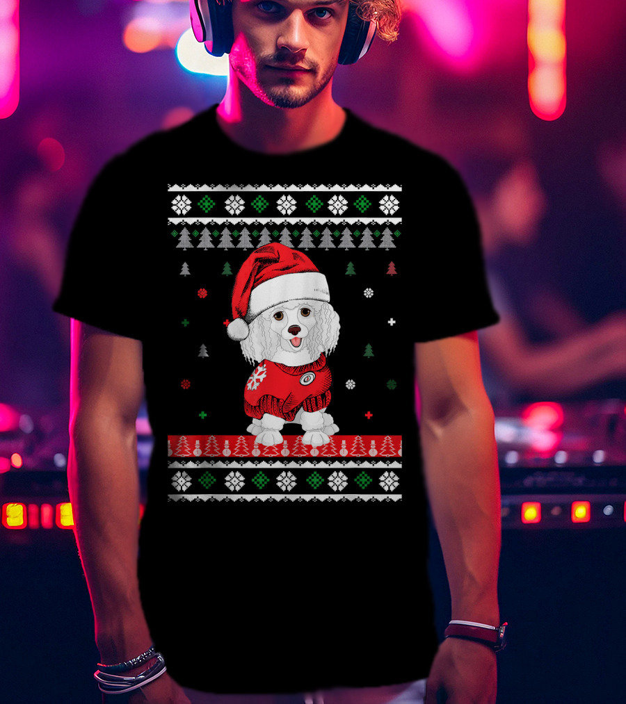 Cute Dog Standard Poodle Santa Hat Christmas Sweater Trees Snowflakes T-Shirt