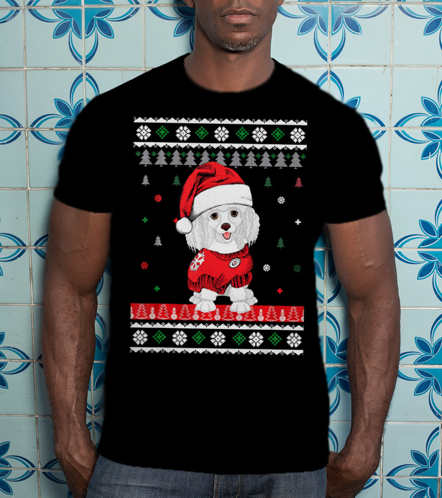Cute Dog Standard Poodle Santa Hat Christmas Sweater Trees Snowflakes T-Shirt